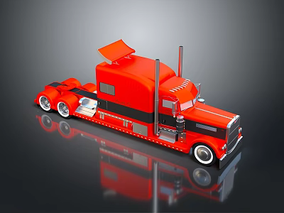 Red Semi Truck With Open Cab Top Black Details White Wheels And Exhaust Pipes 3d model
