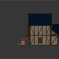 Multiple Medieval Wooden Houses With Blue Roofs Stone Walls And Material Samples