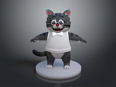 Cartoon Gray Striped Cat Wearing Red Glasses White Vest Bow Tie Standing On White Base 3d model