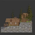 Log Cabin Surrounded by Pine Trees with Wooden Staircase Stone Base and Deck