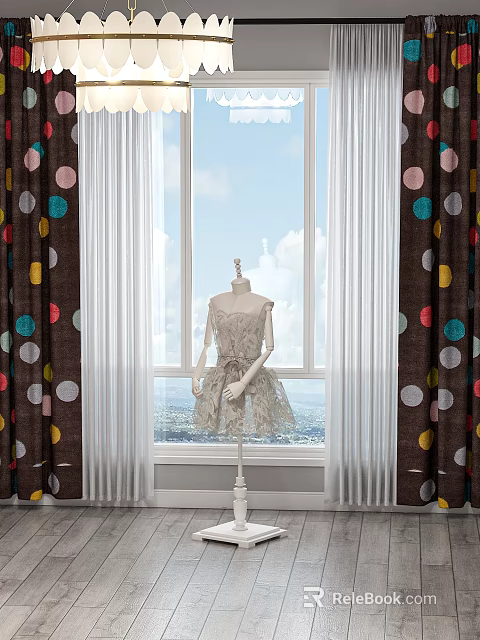Colorful Polka Dot Curtains With White Sheer Panels By Window With Mannequin And Scenic Background 3d model 