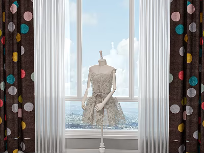 Colorful Polka Dot Curtains With White Sheer Panels By Window With Mannequin And Scenic Background 3d model