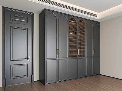 Modern Dark Wardrobe Interior Design With Multiple Doors And Lattice Panels 3d model