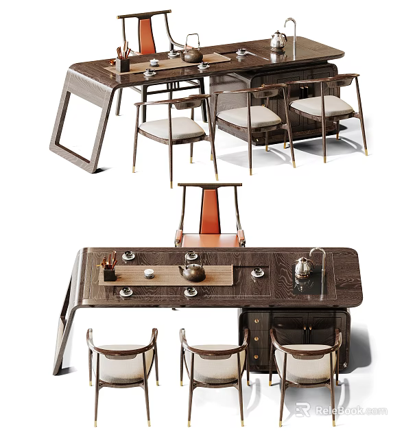 Elegant Wooden Tea Table and Chairs With Backrest Design And Tea Set Accessories 3d model 