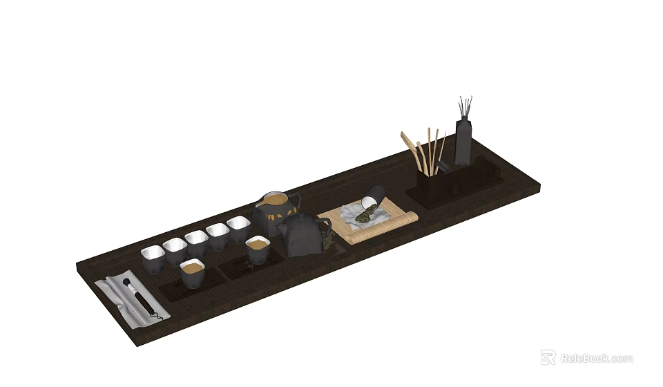 Elegant Tea Set With Teapot Ceramic Cups And Wooden Serving Tray 3d model