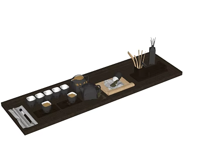 Elegant Tea Set With Teapot Ceramic Cups And Wooden Serving Tray 3d model