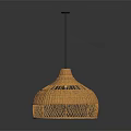 Plant Woven Rattan Pendant Light with Yellow Shade and Black Pole on Dark Background