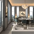 Elegant Private Box Interior With Sofa Dining Table Chandelier And City View Through Windows 3d model