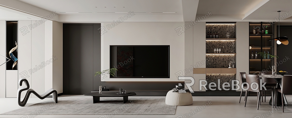 Modern Guest Restaurant TV Background Wall Combination Sofa Black and White Grey Wine Cabinet Living Room Round Dining Table Leisure Chair F972 model