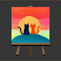 Vibrant Decorative Painting With Two Cats Sunset Rainbow Colors On Wooden Easel Home Decor