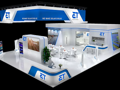 ET Logo Exhibition Booth With Blue White Design Tables Chairs And Green Plant 3d model