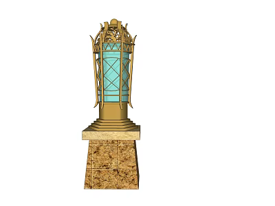 Vintage Outdoor Lamp With Golden Decorative Design Blue Glass Shade And Stone Base 3d model