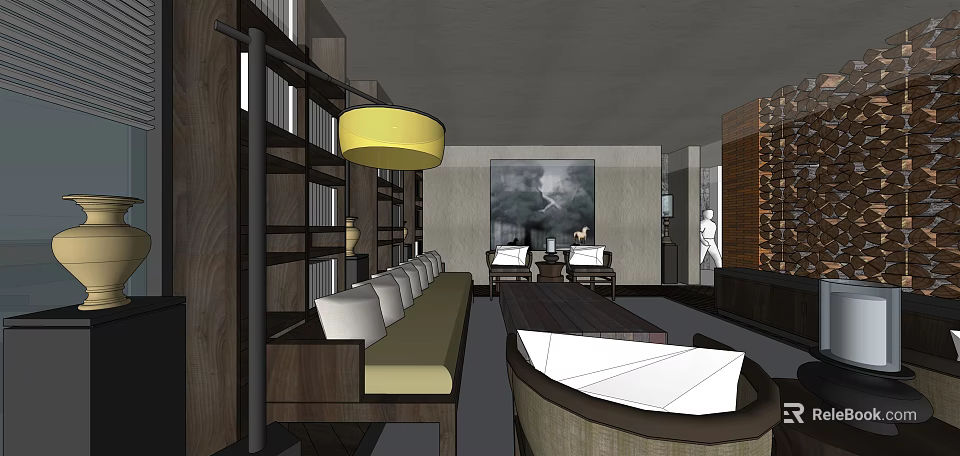 Modern Hotel Lobby Interior With Comfortable Sofa Bookshelf Art Painting And Hanging Lamp 3d model 