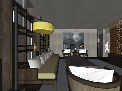 Modern Hotel Lobby Interior With Comfortable Sofa Bookshelf Art Painting And Hanging Lamp 3d model