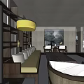 Modern Hotel Lobby Interior With Comfortable Sofa Bookshelf Art Painting And Hanging Lamp