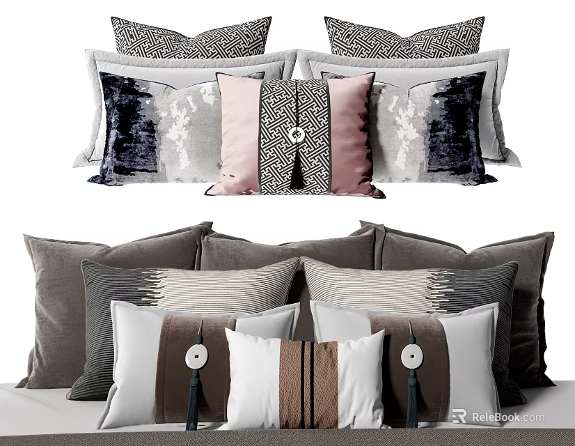 Stylish Decorative Throw Pillows With Various Colors Patterns Buttons And Tassels 3d model