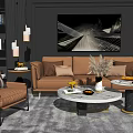 Modern Orange Leather Sofa Round Coffee Table Set with Armchair Decorative Painting Pendant Lights