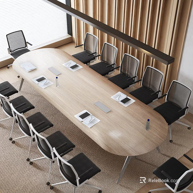 Bright Conference Room Featuring Oval Wooden Table Black Mesh Back Chairs Notebooks And Natural Light 3d model 