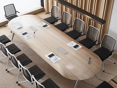 Bright Conference Room Featuring Oval Wooden Table Black Mesh Back Chairs Notebooks And Natural Light 3d model