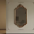 Ornate Gold Carved Frame Mirror Hanging On Decorative Light Wall With Furniture Reflection