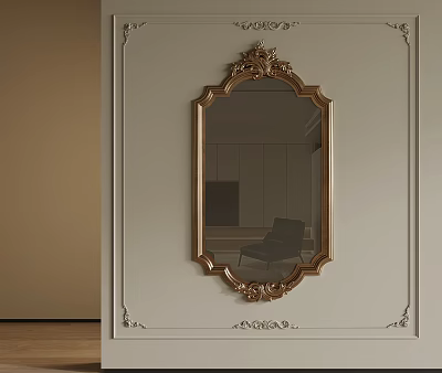 Ornate Gold Carved Frame Mirror Hanging On Decorative Light Wall With Furniture Reflection 3d model