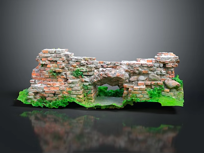 Ancient Brick Building Ruin With Archway Structure And Green Plants At Base 3d model
