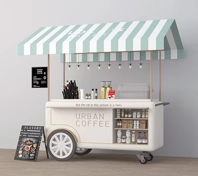 Urban Coffee Cart With Blue And White Striped Awning Menu Board And Coffee Items 3d model