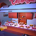 Pink And Blue Candy Food Truck With Sign Various Candies Tables Chairs And Chalkboard Menu