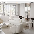 Modern Living Room Interior Design With White Sofa Armchair Round Coffee Table And Window Blinds