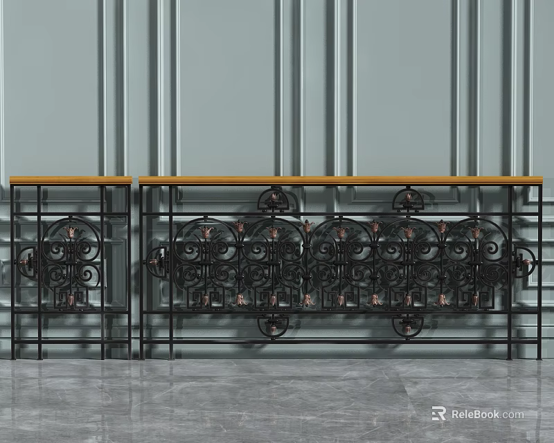 Black Iron Railings With Intricate Scroll Designs And Wooden Top For Interior Decoration 3d model 