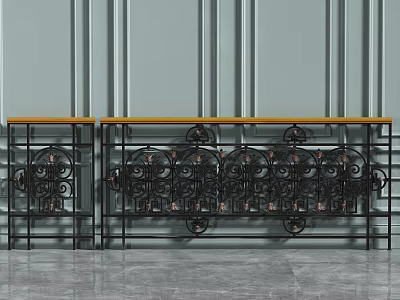 Black Iron Railings With Intricate Scroll Designs And Wooden Top For Interior Decoration 3d model