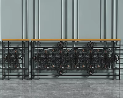 Black Iron Railings With Intricate Scroll Designs And Wooden Top For Interior Decoration 3d model