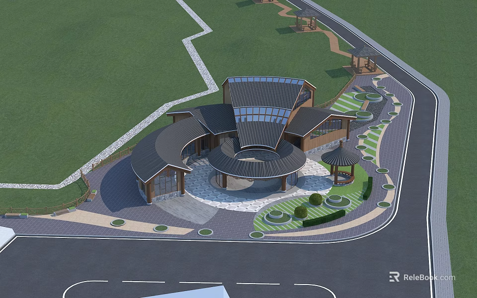 Modern Museum Building With Curved Roof Glass Facade Circular Plaza And Green Landscape 3d model 