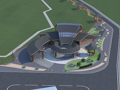 Modern Museum Building With Curved Roof Glass Facade Circular Plaza And Green Landscape 3d model