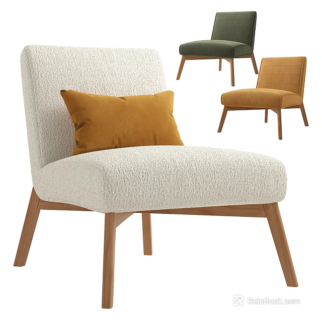 Modern Beige Fabric Lounge Chair With Wooden Legs And Orange Accent Pillow For Cozy Living Space 3d model 