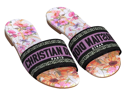 Christian Dior Paris Women's Floral Slippers With Logo Strap And Open Toe Design 3d model