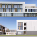 Modern School Building Design With Glass Windows Wooden Accents And Spacious Open Lawn