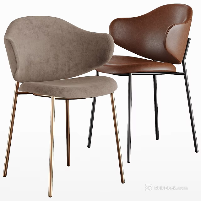 Modern Curved Backrest Stools Light Gray Velvet Gold Legs and Brown Leather Black Legs 3d model 
