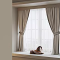 Beige Double Layer Curtains With Sheer Panels Tied By Bands Near Window