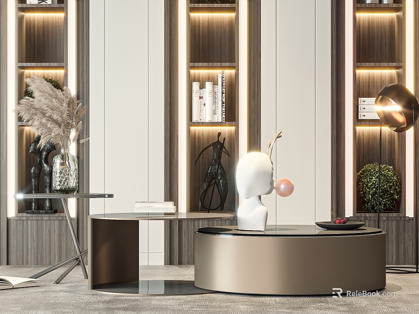 Modern Round Coffee Table With Metal Frame Glass Top And Decorative Sculpture 3d model 