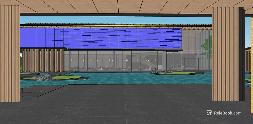 Modern Garden Landscape With Blue Wall Glass Curtain Water Pool And Green Areas 3d model 