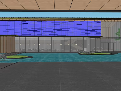 Modern Garden Landscape With Blue Wall Glass Curtain Water Pool And Green Areas 3d model