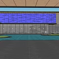 Modern Garden Landscape With Blue Wall Glass Curtain Water Pool And Green Areas