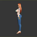 Stylish 3D Character With Red Hair Green Striped Bikini Top Blue Jeans And Sandals In Casual Look
