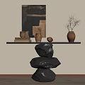 Modern Minimalist Console Table With Stacked Stone Base Books Cup Vase Floor Lamp Wall Painting