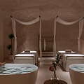 Relaxing SPA Sauna Interior With Massage Beds Soft Lighting And Canopies