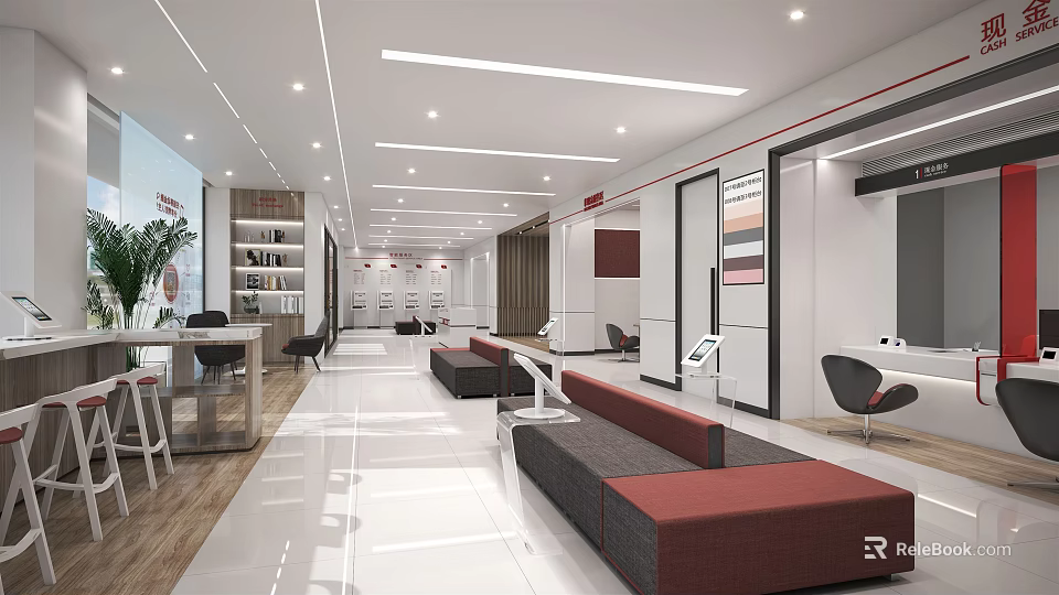 Modern Bank Interior Design With Red Grey Sofas Marble Floor And Plants 3d model 