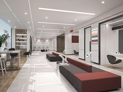 Modern Bank Interior Design With Red Grey Sofas Marble Floor And Plants 3d model