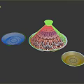 Artistic Sculpted Decorative Set With Colorful Intricate Patterns On Ceramic Plates And Lid