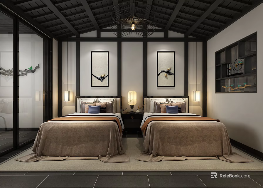 Chinese Style Hotel Guest Room With Two Beds Decorative Paintings And Wooden Ceiling 3d model 